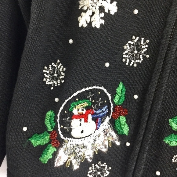 Vintage B.P. Design Beaded Snowy Christmas Snow Globe Zip Front Cardigan Size L - Picture 5 of 11